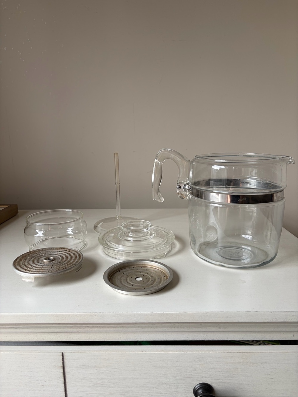 Pyrex Clear Glass Tea Pot with Metal Band and Accessories